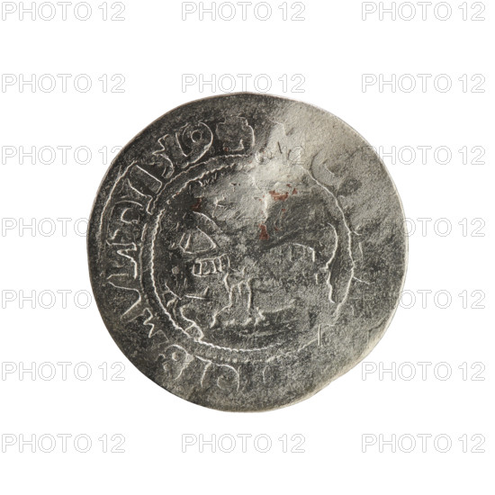 Lithuanian half-grosz, Sigismund I the Old (king of Poland; 1506–1548). Polish coin (Jagiellon dynasty). Obverse: Pursuer (emblem of Lithuania) turned left; in the rim between pearl borders an inscription: + M, IGISMV, DI:1519. Reverse: Crowned Polish eagle; in the rim between pearl borders an inscription: AGNI, DVCIS, LITVA, 1519. Grand Duchy of Lithuania; Vilnius; coin.