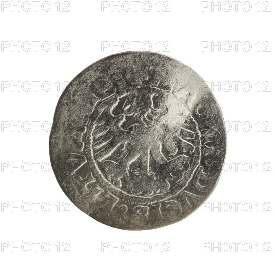 Lithuanian half-grosz, Sigismund I the Old (king of Poland; 1506–1548). Polish coin of the Jagiellon dynasty (1519). Obverse: Pursuer (Pogonia) turned left; in the rim between pearl borders an inscription: + M, IGISMV, DI:1519. Reverse: crowned Polish Eagle; in the rim between pearl borders an inscription: AGNI, DVCIS, LITVA, 1519. Grand Duchy of Lithuania; Vilnius.