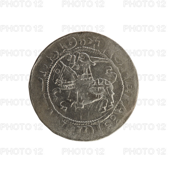 Lithuanian half-grosz, Sigismund I the Old (king of Poland; 1506–1548). Coin (1519). Obverse: Pursuer (Lithuanian emblem) turned left; rim between pearl borders with inscription '+ ETA:SIGI, I:1519'. Reverse: Polish crowned eagle; rim between pearl borders with inscription 'AGNI:DV, I, LITVANIE, 1519'. Jagiellon dynasty; emblems: eagle, pursuer. Grand Duchy of Lithuania; Poland.
