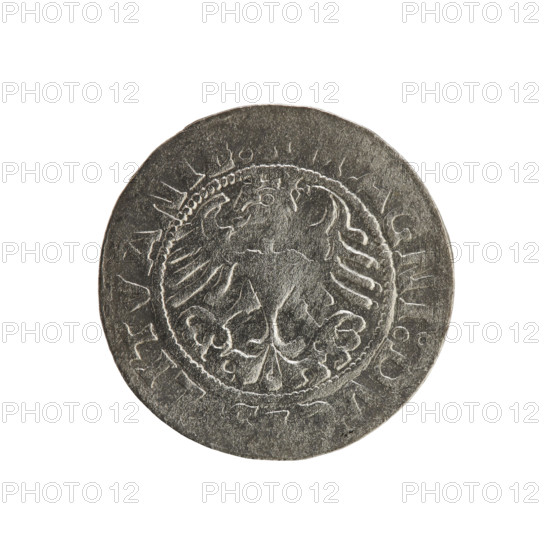 Lithuanian half-grosz, Sigismund I the Old (king of Poland; 1506–1548). Silver coin (half-grosz), 1519. Obverse: Pursuer (Lithuanian emblem) turned left; rim between pearl borders with inscription '+ ETA:SIGI I:1519'. Reverse: Polish crowned eagle; rim between pearl borders with inscription 'AGNI:DV I LITVANIE 1519'. Grand Duchy of Lithuania, Vilnius; Jagiellon dynasty; emblems: eagle and pursuer.