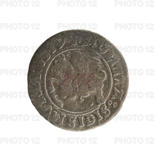 Lithuanian half-grosz, Sigismund I the Old (King of Poland; 1506–1548). Obverse: Pogon (Lithuanian knight) turned left; in the rim between pearly borders an inscription: + M, TA:SIGV, DI:1519. Reverse: Polish crowned eagle; in the rim between pearly borders an inscription: I:DV, :LITVA, IE.:], 1519. Grand Duchy of Lithuania, Vilnius; coin; emblems: eagle, Pogon; Jagiellon dynasty; R8 (rarity).