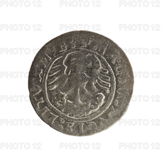 Lithuanian half-grosz, Sigismund I the Old (King of Poland; 1506–1548). Polish coin, Jagiellon dynasty. Obverse: Pogon (Lithuanian coat of arms) turned left; in the rim between pearly borders an inscription: + M, TA:SIGV, DI:1519. Reverse: Polish crowned eagle; in the rim between pearly borders an inscription: I:DV, :LITVA, IE.:], 1519. Grand Duchy of Lithuania, Vilnius. R8 (rarity).
