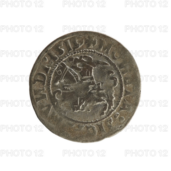 Lithuanian half-grosz, Sigismund I the Old (King of Poland; 1506–1548). Silver coin (half-grosz), 1519. Obverse: Pogon (Lithuanian coat of arms) turned left; rim between pearly borders with inscription 'MO·TA·SIGISM'. Reverse: Polish crowned eagle; rim between pearly borders with inscription 'MA·I·DVCIS·LITVA' and date 1519. Associated with the Jagiellon dynasty; features coats of arms (eagle, Pogon). Grand Duchy of Lithuania; Vilnius; Poland.