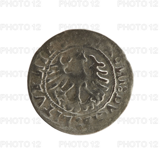 Lithuanian half-grosz, Sigismund I the Old (King of Poland; 1506–1548). Obverse: Pogon (Lithuanian coat of arms) turned left; in the rim between pearly borders an inscription: MO·TA·SIGISM. Reverse: Polish crowned eagle; in the rim between pearly borders an inscription: MA·I·DVCIS·LITVA·IE·1519. Polish coin, Jagiellon dynasty; coats of arms; Grand Duchy of Lithuania; Vilnius.