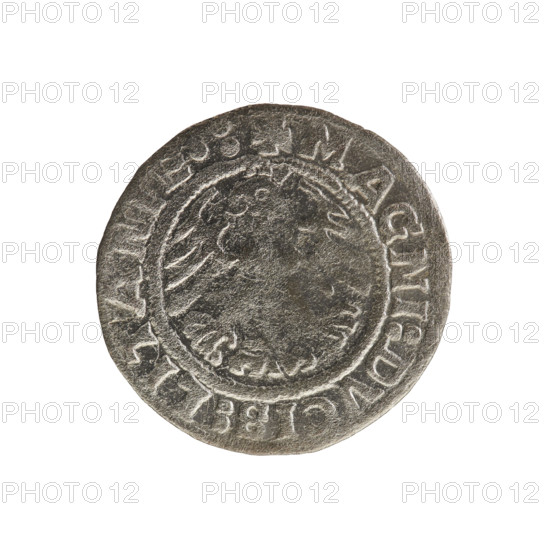 Lithuanian half-grosz, Sigismund I the Old (king of Poland; 1506–1548). Obverse: Pursuer (Lithuanian emblem) turned left; in the rim between pearl borders an inscription: + COIN:SIGISMVNDI:1519. Reverse: Polish crowned eagle; in the rim between pearl borders an inscription: + MAGNI:DVCIS:LITANIE:. Dated 1519. Grand Duchy of Lithuania; Vilnius. Polish coin; Jagiellon dynasty; emblems.
