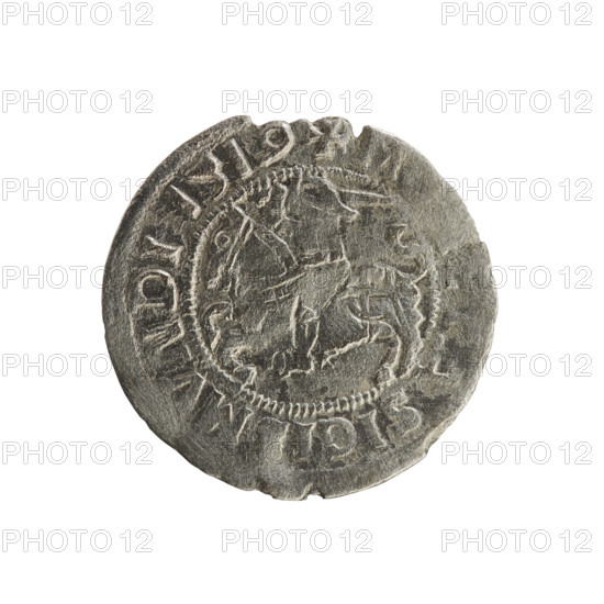 Lithuanian half-grosz, Sigismund I the Old (king of Poland; ruled 1506–1548). Obverse: Pursuer (emblem of Lithuania) turned left; in the rim between pearl borders an inscription: + M, A SIGISMVNDI 1519. Reverse: Polish crowned eagle; in the rim between pearly borders an inscription: + MAGNI, LITIE:, 1519. Polish coin of the Jagiellon dynasty; Grand Duchy of Lithuania, Vilnius.