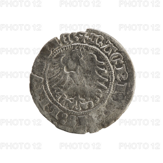 Lithuanian half-grosz, Sigismund I the Old (king of Poland; reign 1506–1548). Silver coin (half-grosz), dated 1519. Obverse: Pursuer (Lithuanian emblem) turned left; inscription in rim between pearl borders: + M, A SIGISMVNDI 1519. Reverse: Polish crowned eagle; inscription in rim between pearl borders: + MAGNI, LITIE: 1519. Associated with the Jagiellon dynasty; reflects emblems of Poland and the Grand Duchy of Lithuania.