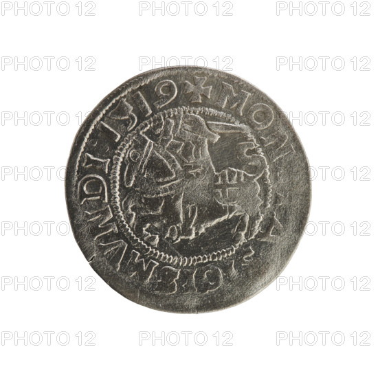 Lithuanian half-grosz, Sigismund I the Old (king of Poland; 1506–1548). Silver coin, 1519. Obverse: Pursuer (Pogonia) turned left; in the rim between pearl borders an inscription: + MON A SIGISMVNDI 1519. Reverse: Crowned Polish eagle; in the rim between pearl borders an inscription: AGNI DVCIS LITVAN 1519. Emblems: eagle and Pursuer (Lithuania). Grand Duchy of Lithuania / Poland, Vilnius.