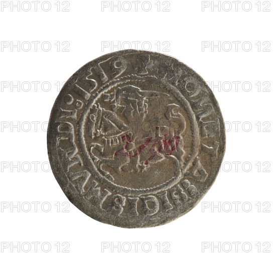 Lithuanian half-grosz, Sigismund I the Old (king of Poland; 1506–1548). Obverse: Chaser (Chaser coat of arms; Lithuania) turned left; in the rim between pearl borders an inscription: + MO, ETA:SIGISMV, DI:1519. Reverse: Polish crowned eagle; in the rim between pearl borders an inscription: MAGNI:DVCIS:LITANIE, 1519. R8 (rarity). Polish coin, Jagiellonian dynasty; Grand Duchy of Lithuania; Vilnius; Poland.