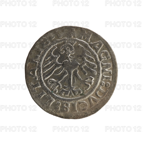 Lithuanian half-grosz, Sigismund I the Old (king of Poland; 1506–1548). Polish coin dated 1519. Obverse: Chaser (coat of arms; Lithuania) turned left; in the rim between pearl borders an inscription: + MO ETA:SIGISMV DI:1519. Reverse: Crowned Polish eagle; in the rim between pearl borders an inscription: MAGNI:DVCIS:LITANIE, 1519. Associated with the Jagiellonian dynasty; coats of arms and eagles; Grand Duchy of Lithuania, Vilnius, Poland.