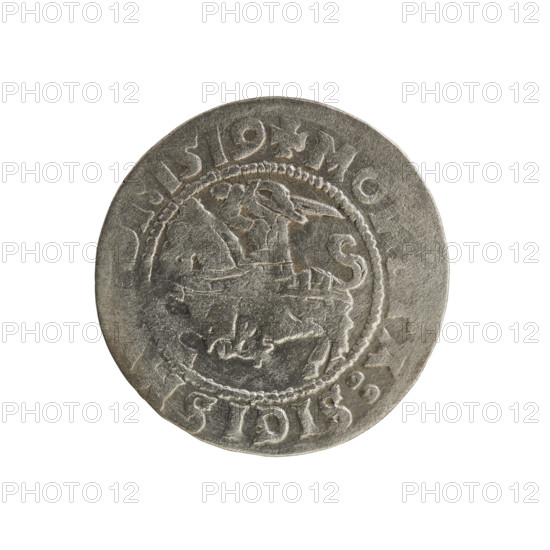 Lithuanian half-grosz, Sigismund I the Old (king of Poland; 1506–1548). Silver coin, 1519. Obverse: Pursuer (emblem of Lithuania) turned left; rim between pearl borders with inscription '+ MO, TA:SIGISM, I:1519'. Reverse: Crowned Polish eagle; rim between pearl borders with inscription '+ MAG, I:DVCI, A, IE:, 1519'. Jagiellon dynasty; Grand Duchy of Lithuania; Vilnius; Poland.