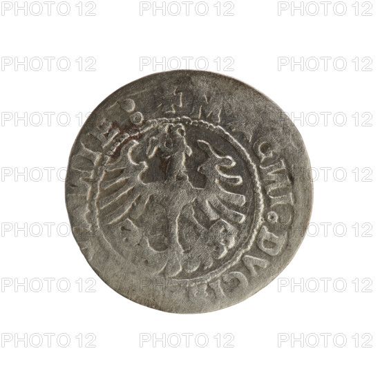 Lithuanian half-grosz, Sigismund I the Old (king of Poland; 1506–1548). Obverse: Pursuer (Lithuanian emblem) turned left; in the rim between pearled borders an inscription: + MO, TA:SIGISM, I:1519. Reverse: Polish crowned eagle; in the rim between pearled borders an inscription: + MAG, I:DVCI, A, IE:, 1519. Polish coin of the Jagiellon dynasty; silver, Grand Duchy of Lithuania, Vilnius.