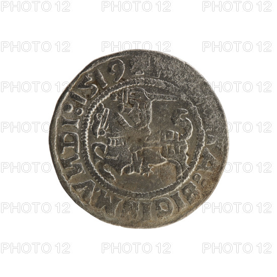 Lithuanian half-grosz, Sigismund I the Old (king of Poland; 1506–1548). R8 (rarity). Polish Jagiellonian coin, dated 1519. Obverse: Chaser (coat of arms of Lithuania) turned left; in the rim between pearl borders an inscription: A:SIGISMV, DI:1519. Reverse: Crowned Polish Eagle; in the rim between pearl borders an inscription: + MAGNI:DVC, LITVANIE:, 1519. Grand Duchy of Lithuania; Vilnius; coin.