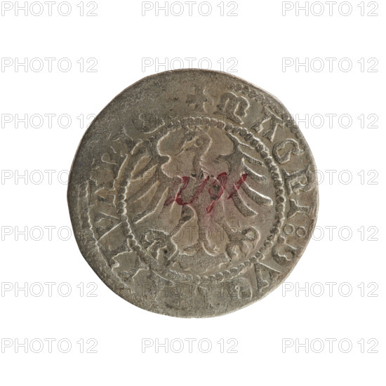 Lithuanian half-grosz, Sigismund I the Old (king of Poland; 1506–1548). Obverse: Chaser turned left; in the rim between pearl borders an inscription: A:SIGISMV, DI:1519. Reverse: Polish crowned eagle; in the rim between pearl borders an inscription: + MAGNI:DVC, LITVANIE:, 1519. R8 (rarity). Polish coin of the Jagiellonian dynasty; coats of arms (eagles, Chaser). Grand Duchy of Lithuania, Vilnius, Poland.