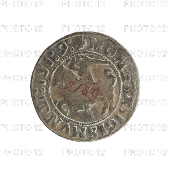 Lithuanian half-grosz, Sigismund I the Old (king of Poland; 1506–1548). R8 (rarity). Polish coin from the Jagiellonian dynasty. Obverse: Chaser (Chaser coat of arms; Lithuania) turned left; in the rim between pearl borders an inscription: + MONE, SIGISMVN, I:151:9:. Reverse: Polish eagle with a crown; in the rim between pearly borders an inscription: + MAG, I:DVCIS:LITVA, IE:.:, 1519. Grand Duchy of Lithuania, Vilnius, Poland.