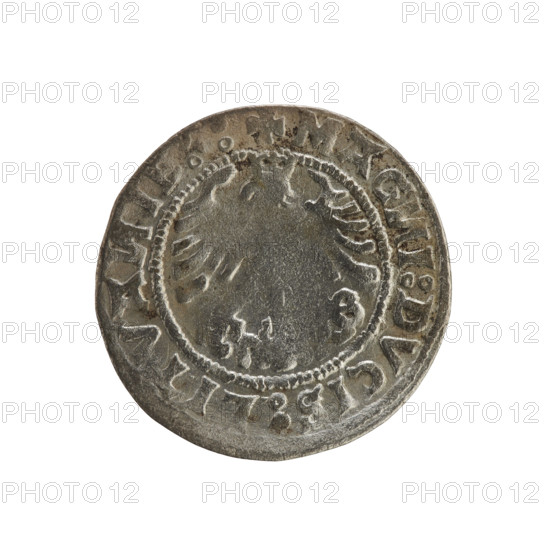Lithuanian half-grosz, Sigismund I the Old (king of Poland; 1506–1548). R8 (rarity). Polish coin from the Jagiellonian dynasty. Obverse: Chaser (coat of arms of Lithuania) turned left; in the rim between pearl borders an inscription: + MONE, SIGISMVN, I:151:9:. Reverse: Polish eagle with a crown; in the rim between pearly borders an inscription: + MAG, I:DVCIS:LITVA, IE:.:, 1519. Grand Duchy of Lithuania, Vilnius.