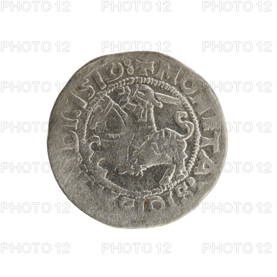 Lithuanian half-grosz, Sigismund I the Old (king of Poland; 1506–1548). Silver coin (half-grosz), 1519. Obverse: Pursuer (Lithuanian emblem) turned left; in the rim between pearl borders an inscription: + MO, TA:SIGISDI:1519:. Reverse: Polish crowned eagle; in the rim between pearl borders an inscription: + M, DVCIS:LI, VANIE:.:, 1519. Grand Duchy of Lithuania (Vilnius); Jagiellon dynasty; emblems: eagle and Pursuer.