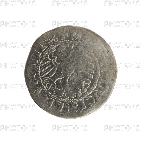 Lithuanian half-grosz, Sigismund I the Old (king of Poland; 1506–1548). Polish coin (1519), Jagiellon dynasty. Obverse: Pursuer (emblem of Lithuania) turned left; inscription in rim between pearl borders: + MO, TA:SIGISDI:1519:. Reverse: Crowned Polish Eagle; inscription in rim between pearl borders: + M, DVCIS:LI, VANIE:.:, 1519. Grand Duchy of Lithuania, Vilnius.