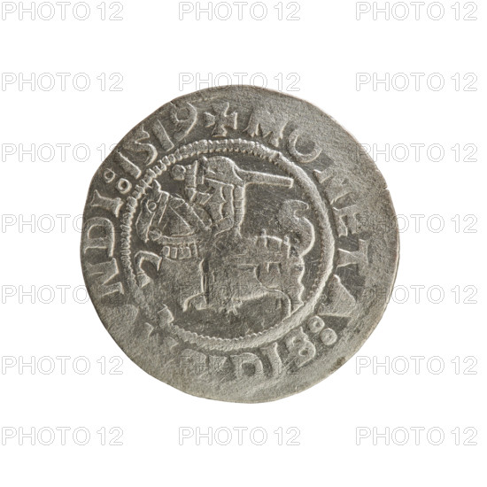 Lithuanian half-grosz, Sigismund I the Old (king of Poland; 1506–1548). Silver coin (half-grosz), 1519. Obverse: Pursuer (Pogonia) turned left; in the rim between pearl borders an inscription: + COIN:SIG, NDI:1519. Reverse: Polish crowned eagle; in the rim between pearl borders an inscription: +, NI, VCI, :LITVANIE.:, 1519. Associated with the Grand Duchy of Lithuania, mint: Vilnius.