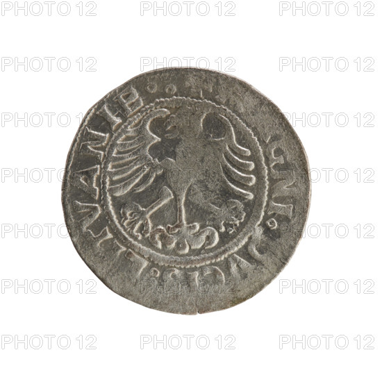 Lithuanian half-grosz, Sigismund I the Old (king of Poland; 1506–1548). Silver coin (half-grosz), 1519. Obverse: Pursuer (Lithuanian emblem) turned left; rim between pearl borders with inscription '+ COIN:SIG, NDI:1519'. Reverse: Polish crowned eagle; rim between pearl borders with inscription '+, NI, VCI, :LITVANIE.:, 1519'. Jagiellon dynasty, Grand Duchy of Lithuania, Vilnius.