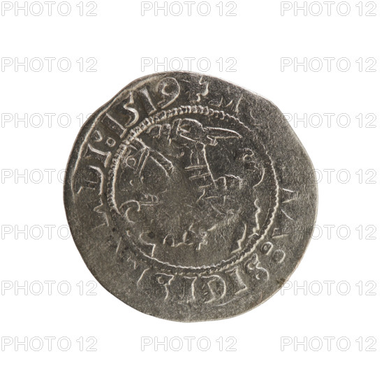Lithuanian half-grosz, Sigismund I the Old (king of Poland; 1506–1548). Obverse: Pursuer (Pogonia) turned left; in the rim between pearl borders an inscription '+ M, A:SIGIS, DI:1519'. Reverse: Polish crowned eagle; in the rim between pearl borders an inscription '+ I:DVCIS: VA, IE:, 1519'. Polish coin, Jagiellon dynasty; Grand Duchy of Lithuania, Vilnius. Materials and style: coin (silver), 1519.