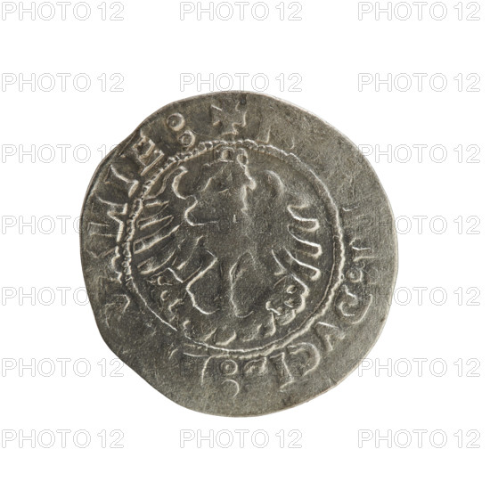 Lithuanian half-grosz, Sigismund I the Old (king of Poland; 1506–1548). Silver coin (half-grosz), 1519. Obverse: Pursuer (Lithuanian hunter emblem) turned left; rim inscription between pearl borders: + M, A:SIGIS, DI:1519. Reverse: Crowned Polish eagle; rim inscription between pearl borders: +, I:DVCIS:, VA, IE:, 1519. Jagiellon dynasty; Grand Duchy of Lithuania (Vilnius), Poland.