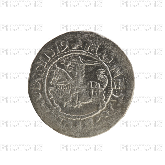 Lithuanian half-grosz, Sigismund I the Old (king of Poland; 1506–1548). Silver coin (half-grosz), 1519. Obverse: Pursuer (Lithuanian emblem) turned left; in the rim between pearl borders an inscription: + M, NETA, DI:1519. Reverse: Polish crowned eagle; in the rim between pearl borders an inscription: +, AGNI::DVCI, IE, 1519. Jagiellon dynasty; Grand Duchy of Lithuania, Vilnius; Polish–Lithuanian coinage.