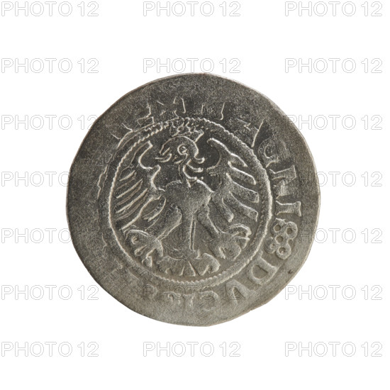 Lithuanian half-grosz, Sigismund I the Old (king of Poland; 1506–1548). Silver coin, dated 1519. Obverse: Pursuer (Lithuanian emblem) turned left; inscription in rim between pearl borders: + M, NETA, DI:1519. Reverse: Polish crowned eagle; inscription in rim between pearl borders: +, AGNI::DVCI, IE, 1519. Jagiellon dynasty; Grand Duchy of Lithuania; Poland.