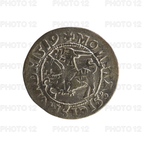 Lithuanian half-grosz, Sigismund I the Old (king of Poland; 1506–1548). Obverse: Chaser turned left; in the rim between pearl borders an inscription: + MO, TA:SIGIS, DI:1519. Reverse: Polish Eagle with a crown; in the rim between pearl borders an inscription: +, DVCI, LI, VA, I, 1519. R8 (rarity). Polish coin from the Jagiellonian dynasty; coats of arms include Eagle (Poland) and Chaser (Lithuania). Grand Duchy of Lithuania — Vilnius, Poland. Materials/type: coin (half-grosz).