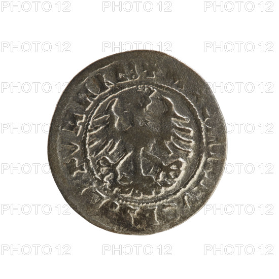Lithuanian half-grosz, Sigismund I the Old (king of Poland; 1506–1548). Obverse: Chaser (Chaser turned left), in the rim between pearl borders an inscription: + MO, TA:SIGIS, DI:1519. Reverse: Polish crowned eagle, in the rim between pearl borders an inscription: +, DVCI, LI, VA, I, 1519. R8 (rarity). Polish coin; Jagiellonian dynasty; Grand Duchy of Lithuania; Vilnius; materials/denomination: half-grosz (coin).
