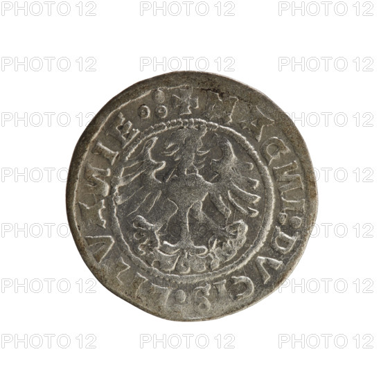 Lithuanian half-grosz, Sigismund I the Old (king of Poland; 1506–1548). R8 (rarity). Polish coin of the Jagiellonian dynasty. Obverse: Chaser (Chaser turned left), in the rim between pearl borders an inscription: + MO, ETA:SIG, V, DI:1519. Reverse: Polish crowned eagle, in the rim between pearly borders an inscription: + MAG, I:DVC, LITVA, IE.:, 1519. Grand Duchy of Lithuania, Vilnius.