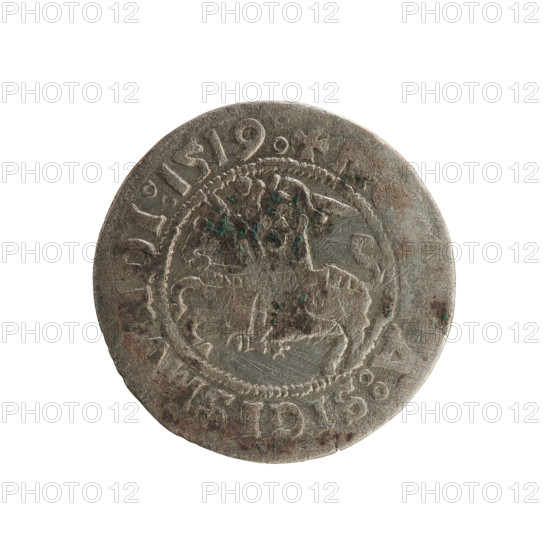 Lithuanian half-grosz, Sigismund I the Old (king of Poland; 1506–1548). Silver coin (half-grosz), 1519. Obverse: Pursuer (Lithuanian emblem) turned left; rim between pearl borders with inscription '+ A:SIGIS, DI:1519:'. Reverse: Crowned Polish eagle; rim between pearl borders with inscription '+ MAGNI:, ITVANIE, 1519'. Jagiellon dynasty; Grand Duchy of Lithuania; Poland.