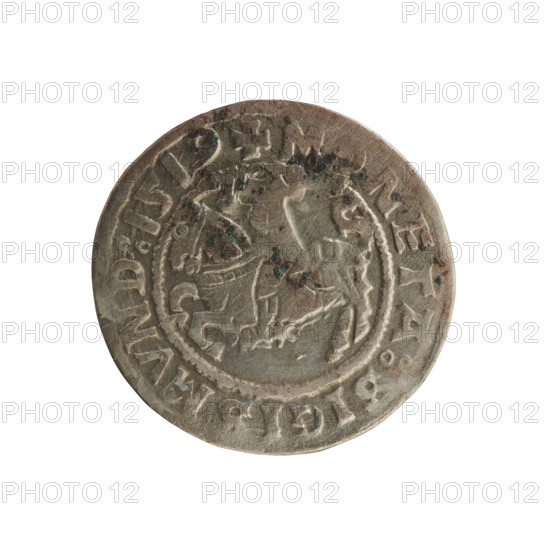 Lithuanian half-grosz, Sigismund I the Old (king of Poland; 1506–1548). Obverse: Pursuer (emblem of Lithuania) turned left; in the rim between pearl borders an inscription: + NETA:SIGISMVND:1519. Reverse: Polish crowned eagle; in the rim between pearl borders an inscription: MAG I:DVCIS:LITVA I 1519. Polish coin, Jagiellon dynasty; emblems: eagle and Pursuer; Grand Duchy of Lithuania, Vilnius; made of typical coin metal (silver).
