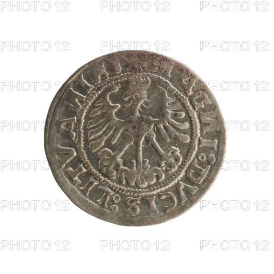 Lithuanian half-grosz, Sigismund I the Old (king of Poland; 1506–1548). Polish coin of the Jagiellon dynasty, 1519. Obverse: Pursuer (Pogonia) turned left; rim between pearl borders with inscription '+ NETA:SIGISMVND:1519'. Reverse: Polish crowned eagle; rim between pearl borders with inscription 'MAG I:DVCIS:LITVA I 1519'. Grand Duchy of Lithuania; coin.