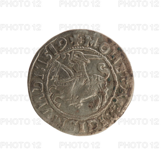 Lithuanian half-grosz, Sigismund I the Old (king of Poland; 1506–1548). Silver coin (half-grosz), 1519. Obverse: Pursuer (Lithuanian rider) turned left; rim inscription between pearl borders: + MO, ETA, SIGISMV, DI:1519. Reverse: Crowned Polish eagle; rim inscription between pearl borders: + MAG, I:DVCIS:LITVA, IE:, 1519. Emblems: eagle and Pursuer. Jagiellon dynasty; Grand Duchy of Lithuania; Poland; Vilnius.