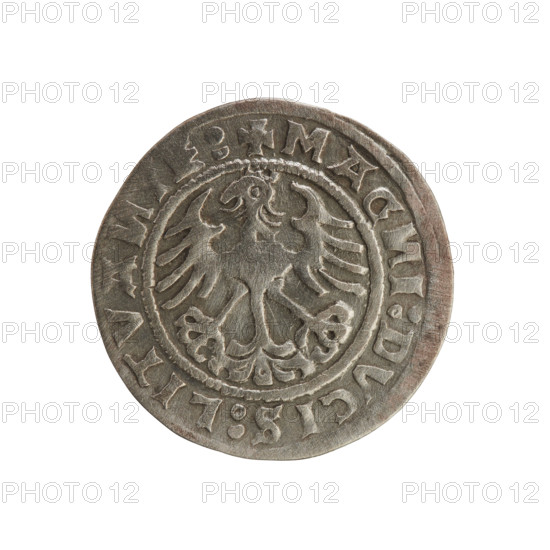 Lithuanian half-grosz, Sigismund I the Old (king of Poland; 1506–1548). Silver coin (half-grosz), 1519. Obverse: Pursuer (Pogonia) turned left; rim between pearl borders with inscription '+ MO, ETA, SIGISMV, DI:1519'. Reverse: Polish crowned eagle; rim between pearl borders with inscription '+ MAG, I:DVCIS:LITVA, IE:, 1519'. Emblems: eagle and Pursuer (Lithuania). Jagiellon dynasty. Grand Duchy of Lithuania; Poland.