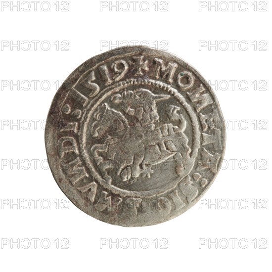 Lithuanian half-grosz, Sigismund I the Old (king of Poland; 1506–1548). Coin (1519). Obverse: Pursuer (Pogonia) turned left; inscription in rim between pearl borders: +MO, ETA:SI, MV, DI:1519. Reverse: Polish crowned eagle; inscription in rim between pearl borders: +MAG, I:DVCIS:LITVA, IE.:, 1519. Emblems: eagle, Pursuer. Grand Duchy of Lithuania, Vilnius; Jagiellon dynasty; Polish coin.