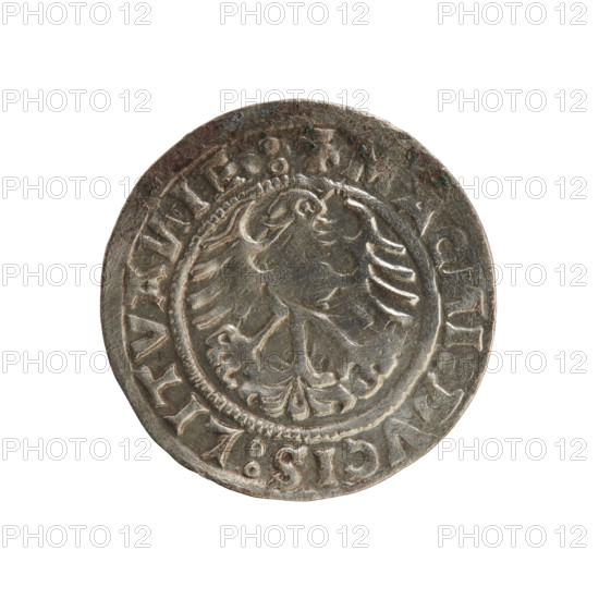Lithuanian half-grosz, Sigismund I the Old (king of Poland; 1506–1548). Silver coin (half-grosz), 1519. Obverse: Pursuer (Pogonia) turned left; inscription in rim between pearl borders: + MO, ETA:SI, MV, DI:1519. Reverse: Polish crowned eagle; inscription in rim between pearly borders: + MAG, I:DVCIS:LITVA, IE.:, 1519. Grand Duchy of Lithuania (Vilnius), Jagiellon dynasty; emblems: eagle and Pursuer.