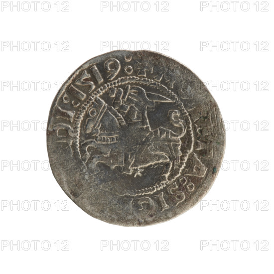Lithuanian half-grosz, Sigismund I the Old (king of Poland; 1506–1548). Polish coin, Jagiellon dynasty. Obverse: Pursuer (Lithuanian emblem) turned left; in the rim between pearl borders an inscription: + ETA:SIG DI:1519. Reverse: Polish crowned eagle; in the rim between pearl borders an inscription: MAGNI LITVA 1519. Grand Duchy of Lithuania, Vilnius.