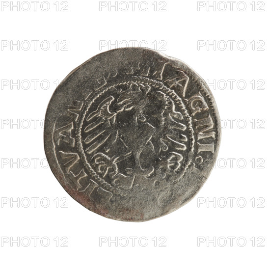 Lithuanian half-grosz, Sigismund I the Old (king of Poland; 1506–1548). Polish coin (Jagiellon dynasty). Obverse: Pursuer (emblem of Lithuania) turned left; in the rim between pearl borders an inscription: + ETA:SIG DI:1519. Reverse: Polish crowned eagle; in the rim between pearly borders an inscription: MAGNI LITVA 1519. Grand Duchy of Lithuania, Vilnius.