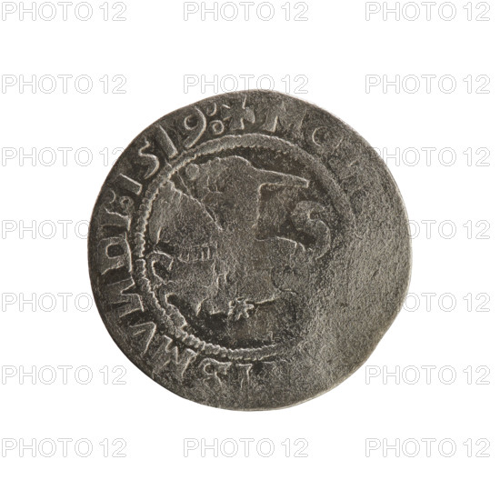 Lithuanian half-grosz, Sigismund I the Old (king of Poland; 1506–1548). Polish coin (Jagiellon dynasty). Obverse: Pursuer (emblem of Lithuania) turned left; in the rim between pearl borders an inscription: + MO, ISMV, DI:1519:. Reverse: Polish crowned eagle; in the rim between pearly borders an inscription: + MAGNI:D, VANIE.:, 1519. Grand Duchy of Lithuania, Vilnius.