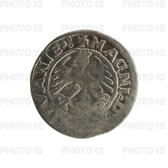 Lithuanian half-grosz, Sigismund I the Old (king of Poland; 1506–1548). Silver coin (half-grosz), 1519. Obverse: Pursuer (Lithuanian emblem) turned left; in the rim between pearl borders an inscription: + MO, ISMV, DI:1519:. Reverse: Polish crowned eagle; in the rim between pearl borders an inscription: + MAGNI:D, VANIE.:, 1519. Jagiellon dynasty; Grand Duchy of Lithuania; Vilnius; Poland.