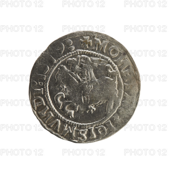 Lithuanian half-grosz, Sigismund I the Old (king of Poland, 1506–1548). Silver coin (1519). Obverse: Pursuer (Pogonia) turned left; inscription in rim between pearl borders: + MO, IGISMV, DI:. Reverse: Crowned Polish eagle; inscription in rim between pearl borders: + MAG, I, CIS:LITVA, IE.:, 1519. Jagiellon dynasty; emblems: eagle and Pursuer (Lithuania). Grand Duchy of Lithuania, Vilnius; Polish coin.