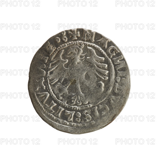 Lithuanian half-grosz, Sigismund I the Old (king of Poland; 1506–1548). Silver coin (half-grosz), 1519. Obverse: Pursuer (Lithuanian emblem) turned left; in the rim between pearl borders an inscription: + MO IGISMV DI. Reverse: Crowned Polish eagle; in the rim between pearl borders an inscription: + MAG I CIS:LITVA IE., 1519. Jagiellon dynasty; Grand Duchy of Lithuania; Vilnius; Polish–Lithuanian coin.