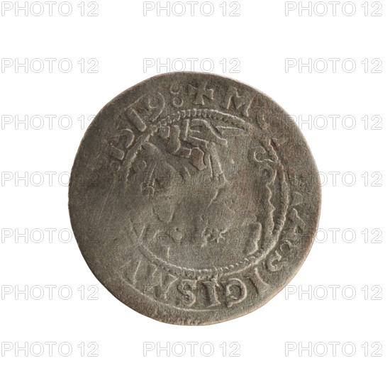 Lithuanian half-grosz, Sigismund I the Old (King of Poland; 1506–1548). Obverse: Pogon (Lithuanian charging knight) turned left; in the rim between pearl-shaped borders an inscription: + M, A:SIGISMV:1519:. Reverse: Polish crowned eagle; in the rim between pearl-shaped borders an inscription: AG, I:DVCIS:LITVA, I, 1519. Silver coin, Grand Duchy of Lithuania, Vilnius, 1519.