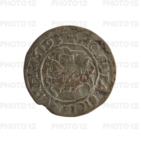 Lithuanian half-grosz, Sigismund I the Old (king of Poland; 1506–1548). Obverse: Chaser turned left; in the rim between pearl borders an inscription: + MO, ETA:SIGIS, V, DI:1519:. Reverse: Polish Eagle with a crown; in the rim between pearly borders an inscription: AGNI:DVCIS:LITANIE., 1519. Materials: silver coin (half-grosz). Style/period: Jagiellonian dynasty, Grand Duchy of Lithuania, Vilnius; coats of arms (Eagle; Chaser). R8 (rarity). Polish coin.