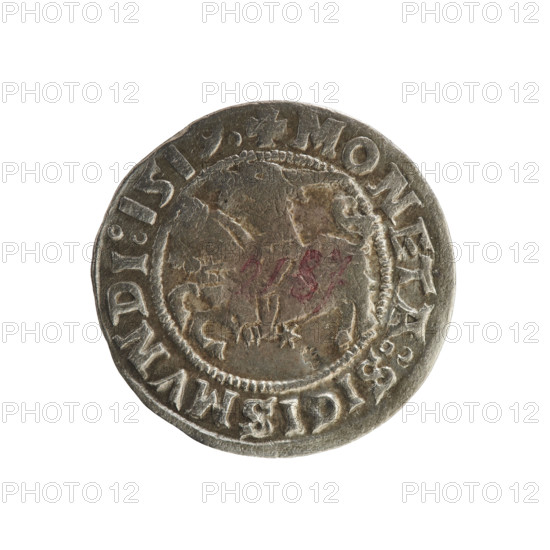 Lithuanian half-grosz, Sigismund I the Old (king of Poland; 1506–1548). R8 (rarity). Polish coin from the Jagiellonian dynasty. Obverse: Chaser (coat of arms; Lithuania) turned left; in the rim between pearl borders an inscription: + COIN:SIGISMVNDI:1519. Reverse: Polish crowned eagle; in the rim between pearly borders an inscription: + MAG, I:DVCIS:LITVA, IE:.:, 1519. Grand Duchy of Lithuania, Vilnius, Poland.