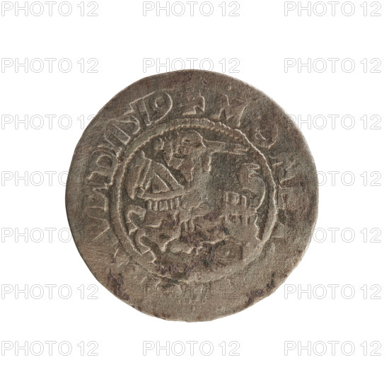 Lithuanian half-grosz, Sigismund I the Old (King of Poland; 1506–1548). Silver coin (1506–1548, dated 1519). Obverse: Pogon (Lithuanian mounted knight) turned left; in the rim between pearl-shaped borders an inscription: + M, N, V, DI 1519. Reverse: Polish crowned eagle; in the rim between pearl-shaped borders an inscription: G, I, DVCIS, L, 1519. Grand Duchy of Lithuania, Vilnius; Jagiellon dynasty; emblems include eagle and Pogon.