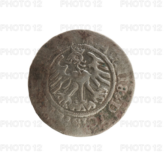 Lithuanian half-grosz, Sigismund I the Old (King of Poland; 1506–1548). Obverse: Pogon (Lithuanian mounted knight) turned left; in the rim between pearl-shaped borders an inscription: + M, N, V, DI 1519. Reverse: crowned Polish eagle; in the rim between pearl-shaped borders an inscription: G, I, DVCIS, L, 1519. Silver coin from the Grand Duchy of Lithuania (Vilnius), Jagiellon dynasty; emblems: eagle and Pogon.