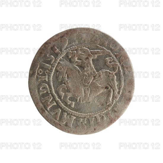 Lithuanian half-grosz, Sigismund I the Old (King of Poland; 1506–1548). Obverse: Pogon (Lithuanian knight) turned left; in the rim between pearl borders an inscription: ON, IGI, MVNDI:1519. Reverse: Polish crowned eagle; in the rim between pearl borders an inscription: MAG, DVCIS:LI, VA, 1519. Polish coin of the Jagiellon dynasty; Grand Duchy of Lithuania (Vilnius).